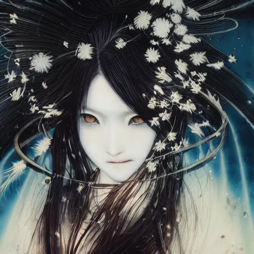 Prompt: yoshitaka amano blurred and dreamy realistic illustration of a young japanese woman with black eyes, wavy white hair fluttering in the wind wearing elden ring armor with engraving, abstract patterns in the background, satoshi kon anime, noisy film grain effect, highly detailed, renaissance oil painting, weird portrait angle, blurred lost edges, three quarter view