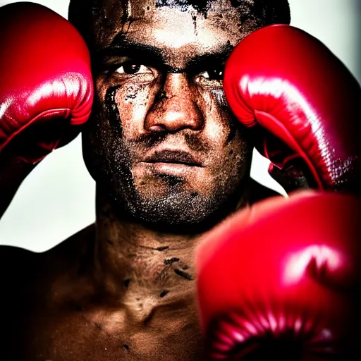 Prompt: close up portrait of boxer after boxing with brews blood sweating, photography photojournalism, very grainy image