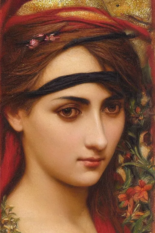 Prompt: beautiful portrait of an arab woman, beautiful eyes,gladioli, close-up, face in focus, intricate oil painting by John William Godward and Anna Dittman, Neo-Gothic, Neoclassical, painted with a palette knife, heavy impasto,Neo-Gothic