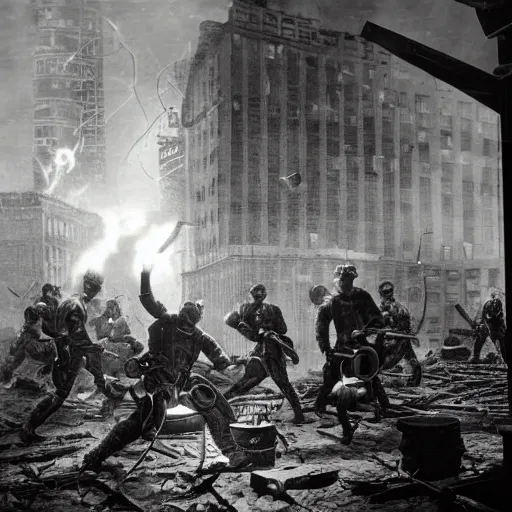 Image similar to grainy 1800s photo of a cybernetic warriors destroying buildings using energy balls in a smoky city