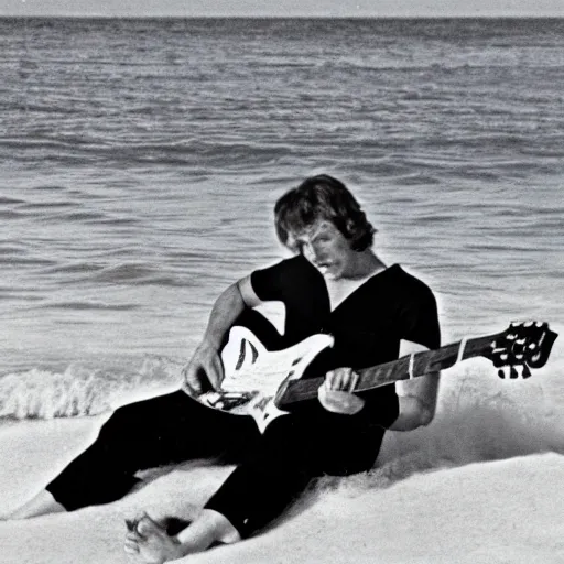 Image similar to 1960s photo of a surfer playing guitar on the waves