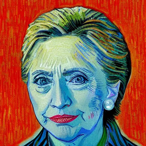 Image similar to detailed oil portrait of hillary clinton wearing pearl earrings, painted by van gogh