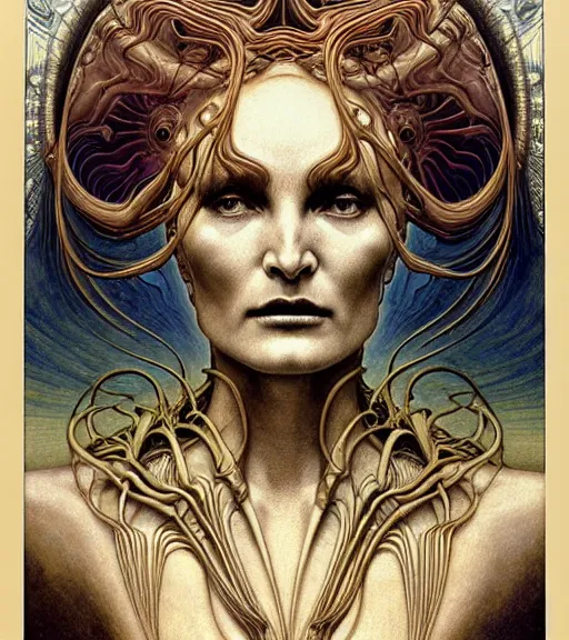 Image similar to detailed realistic beautiful young alien robot jessica lange as queen of mars face portrait by jean delville, gustave dore and marco mazzoni, art nouveau, symbolist, visionary, gothic, pre - raphaelite. horizontal symmetry by zdzisław beksinski, iris van herpen, raymond swanland and alphonse mucha. highly detailed, hyper - real, beautiful