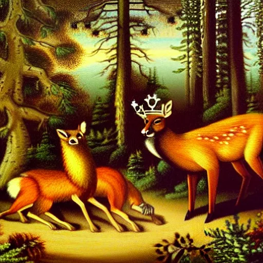 Prompt: a deer king wearing a crown in a forest clearing. a fox, bear and wolf are bowing before the deer. oil painting.