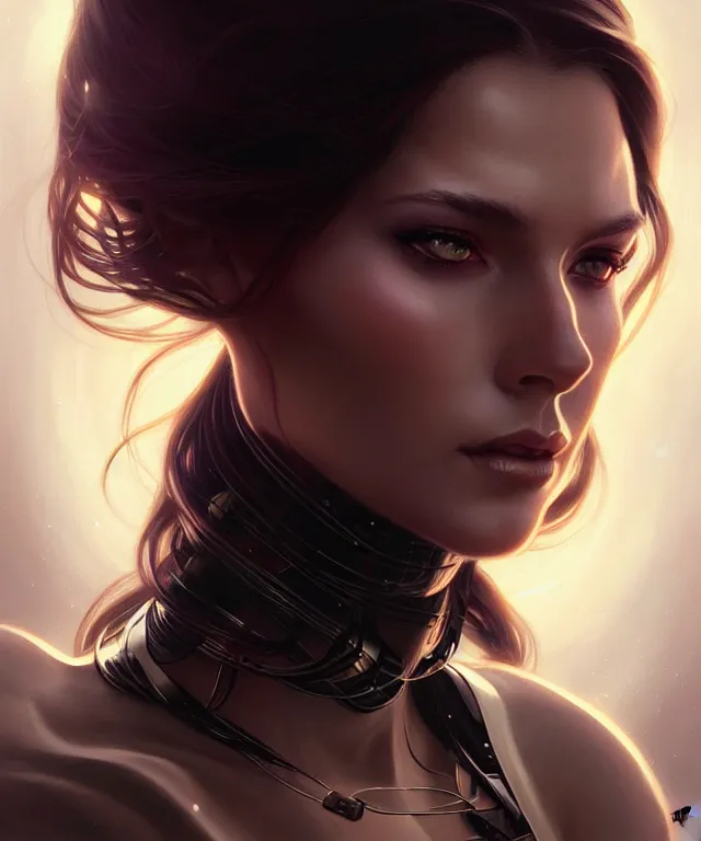 Image similar to futuristic woman portrait, sci-fi, amber eyes, face, long hair, fantasy, intricate, elegant, highly detailed, digital painting, artstation, concept art, smooth, sharp focus, illustration, art by artgerm and greg rutkowski and alphonse mucha