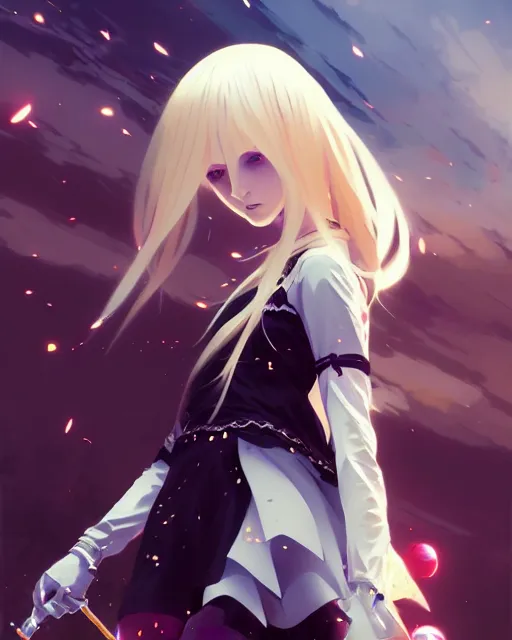 Image similar to blonde haired gothic magical girl anime character screenshot, anime, intricate, sharp focus, illustration, highly detailed, digital painting, clean artstyle, concept art, matte, art by ilya kuvshinov and ruan jia and greg rutkowski, masterpiece