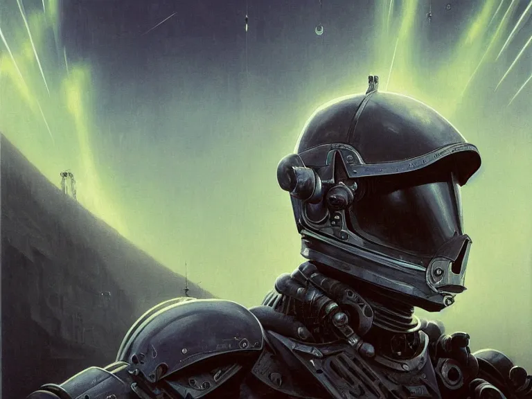 Image similar to a detailed profile painting of a bounty hunter in armour and visor, cinematic sci-fi poster. Spaceship high in the background. Flight suit, anatomy portrait symmetrical and science fiction theme with lightning, aurora lighting clouds and stars. Clean and minimal design by beksinski carl spitzweg and tuomas korpi. baroque elements. baroque element. intricate artwork by caravaggio. Oil painting. Trending on artstation. 8k