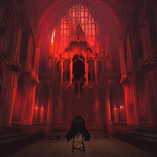 Image similar to full body pose monster skeleton flesh, scary, terrifying, volumetric lighting, gothic church on background, red glow, by greg rutkowski and ivan shishkin