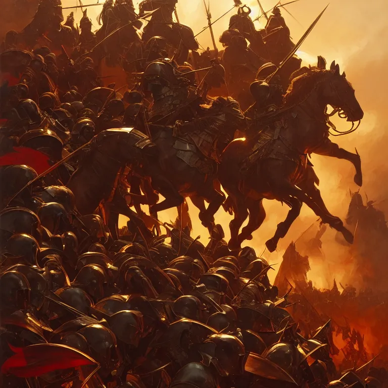 Image similar to battle field of a medieval war between golden soldiers and black red iron soldiers, dramatic lighting, intricate, wild, highly detailed, digital painting, artstation, concept art, smooth, sharp focus, illustration, art by artgerm and greg rutkowski and alphonse mucha