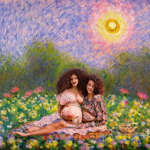 Prompt: egyptian man with long curly hair in a field of flowers, alongside a pregnant black woman with curly hair, laying down, picnic, with a tiny black puppy in the middle, golden hour, vintage, impressionist painting, fine art, oil painting, dreamy, pastel, laughing, happy, intricate details, sharp, peaceful, serene