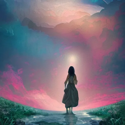 Image similar to woman and landscape, acrilic paint, digital, artstation, detailed intricate ink illustration, heavenly atmosphere, digital art, overdetailed art, concept art, complementing colors, trending on artstation, cgstudio, the most beautiful image ever created, dramatic, subtle, details, award winning artwork, beautiful scenery