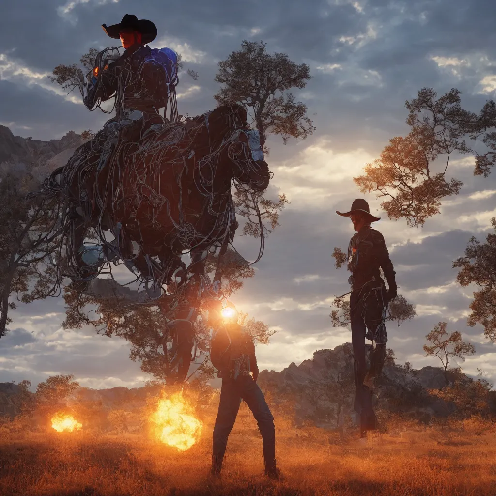 Prompt: octane render by laurie greasley and asher brown durand, a cowboy wearing a full - body iridescent suit and cowboy hat inside a scenic western landscape, cinema 4 d, 8 k, volumetric lighting and shadows, ray tracing lighting