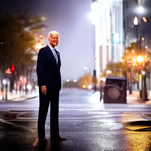 Image similar to joe biden standing in a city street in the middle of a stormy night, award winning long exposure photography