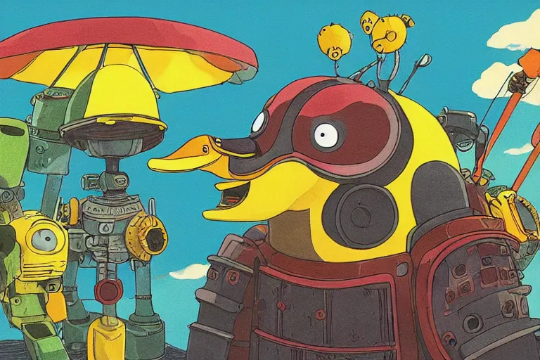 Image similar to illustration of a heavily armoured mechanical duck by studio ghibli, ominous, vivid colors, colorful