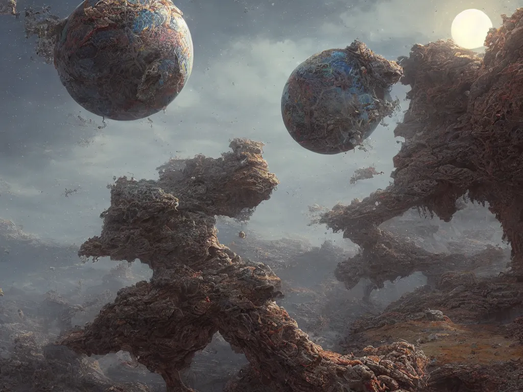 Prompt: dream of an intricate planet landscape with dischroic colorful sphere levitating ior painting photography ultra realism full landscape + ultra - hd + weta digital + intricate details + micro detail + vray + cinematic + sharpened + vfx + bleak and gray + volumetric bright lights + syd mead style + insane detail + denoise + 8 k hyper realistic + octane render