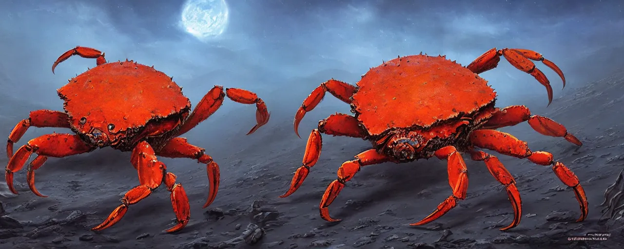 Prompt: a single titanic monstrous crab runs abound on barren desert exoplanet by James Gurney, Beksinski and Alex Gray, the boss crab is a menacing sentient chaotic xenos from warhammer 40k hd illustration, wh40k