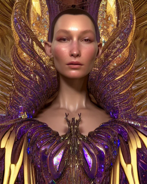 Image similar to a highly detailed metahuman 4 k close up render of an alien goddess bella hadid queen in iris van herpen dress schiaparelli in diamonds crystals swarovski and jewelry iridescent in style of alphonse mucha gustav klimt trending on artstation made in unreal engine 4