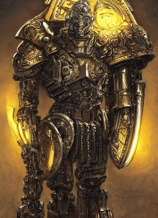 Image similar to dynamic portrait of a intricate glorious holy mechanical warforged character in yellow armor holding a paladin engraved great longsword and carrying a big paladin shield, spotlight from face , epic , trending on ArtStation, masterpiece, cinematic lighting, by Jesper Ejsing and by Philippe Druillet and by Yoann Lossel and by John Salminen