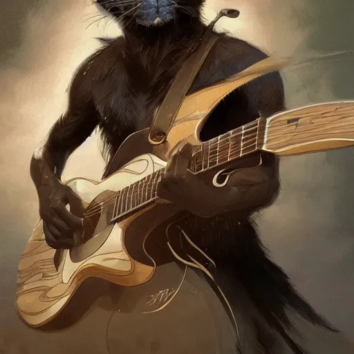 Image similar to a award winning commission portrait of a fit anthro black tiger aying a guitar,digital art,art by greg rutkowski,character design by charles bowater,detailed face,hyperdetailed,photorealistic,artstation,deviantart,4k,western comic art,sharp,high definition,peacful,calm,relaxing