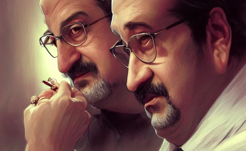 Image similar to portrait of salman rushdie, deep focus, d & d, fantasy, intricate, elegant, highly detailed, digital painting, artstation, concept art, matte, sharp focus, illustration, art by artgerm and greg rutkowski and alphonse mucha