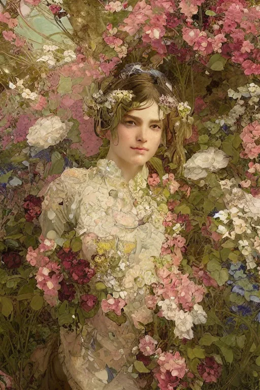 Image similar to an intricate artistic painting of a beautiful wallpaper art pattern made of elegant flowers with painterly motives and textures, hyper detailed, octane render, vivid colors, artstation, by jeremy mann, by alphonse mucha