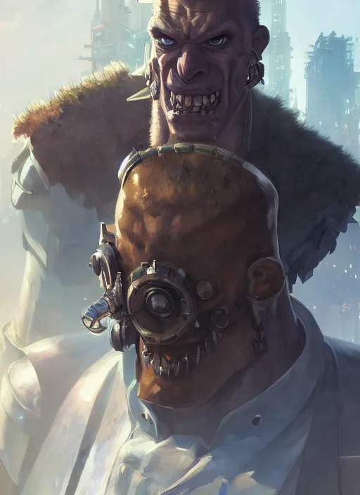 Image similar to a portrait of a handsome dieselpunk orc in a city, human, key visual, ambient lighting, highly detailed, digital painting, artstation, concept art, sharp focus, by makoto shinkai and akihiko yoshida and hidari and wlop