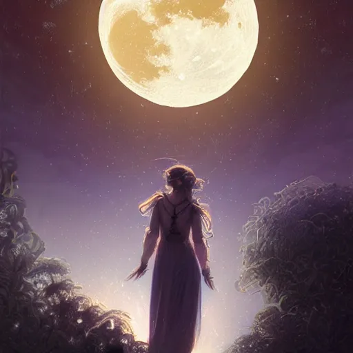 Prompt: retro moon beutiful lights stars in the background atmosferic digital painting, artstation, concept art, soft light, hdri, smooth, sharp focus, illustration, fantasy, intricate, elegant, highly detailed, D&D, matte painting, in the style of Greg Rutkowski and Alphonse Mucha and artemisia, 8k, highly detailed, jurgens, rutkowski, bouguereau, pastoral, rustic, georgic