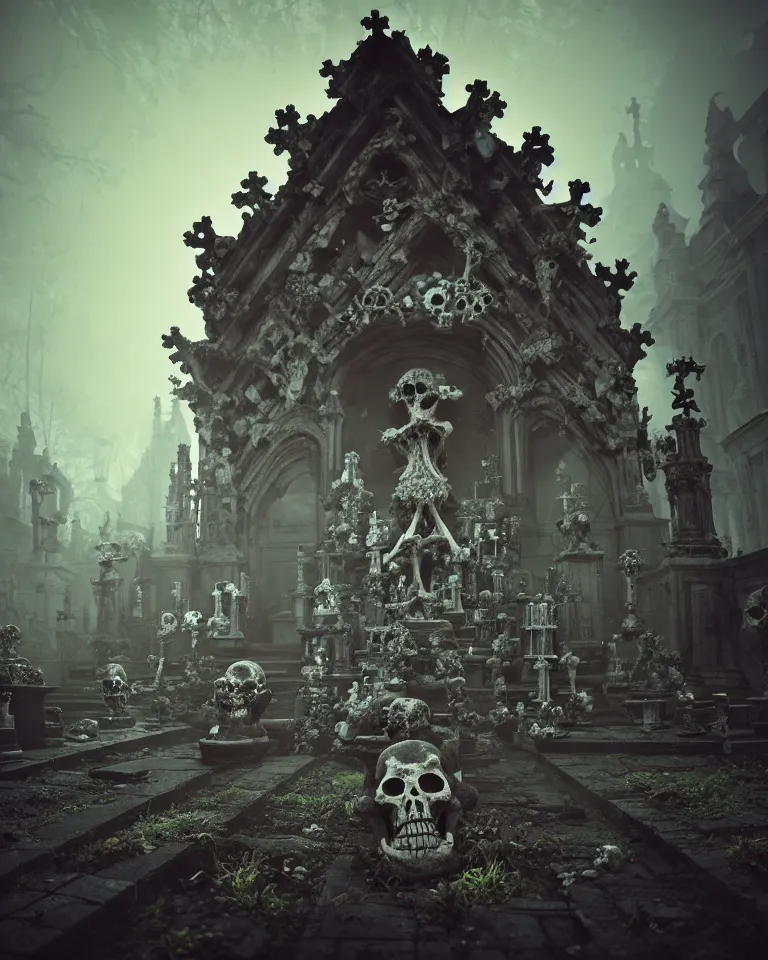 Image similar to full color, low wide shot of sedlec ossuary, bones, anime style mixed with fujifilm, dark, foggy, atmospheric, artstation, cgsociety, octane render, cgi, unreal engine 5, denoise, detailed, cinematic masterpiece