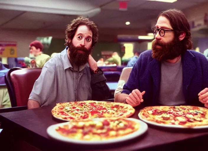 Image similar to cinematic detailed portrait of bearded charlie kaufman eating pizza at chuck - e - cheese, dramatic top down lighting, moody film still from being john malkovich ( 2 0 0 1 ), 3 5 mm kodak color stock, 2 4 mm lens, directed by spike jonze, ecktochrome