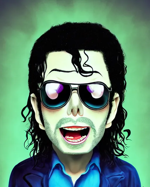 Image similar to portrait of michael jackson in the style of justin roiland. cinematic lighting. style of rick & morty. photographic, photography. by justin roiland