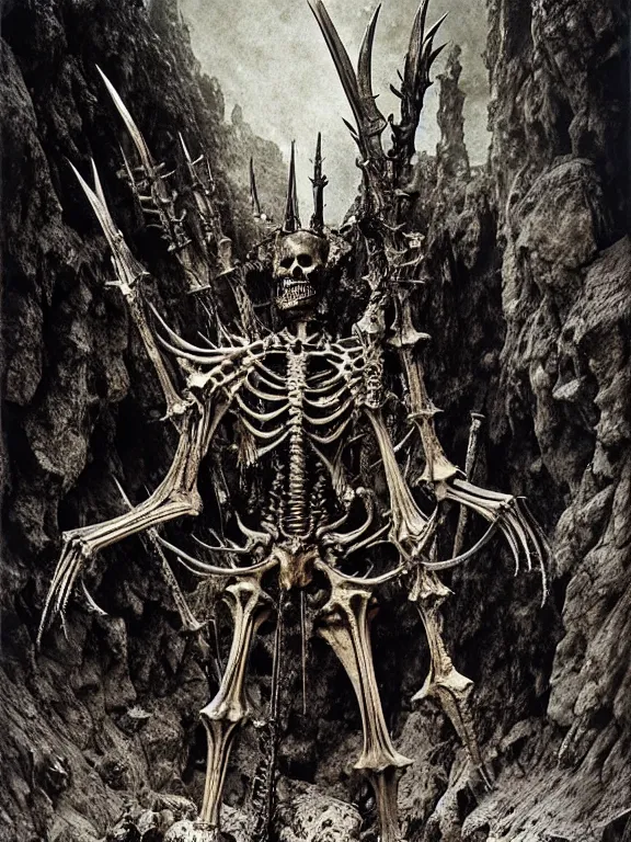 Image similar to A spiked horned skeleton with armored joints stands in a large cave with a huge weapon. Extremely high detail, realistic, fantasy art, solo, masterpiece, bones, ripped flesh, art by Zdzisław Beksiński, Arthur Rackham, Dariusz Zawadzki