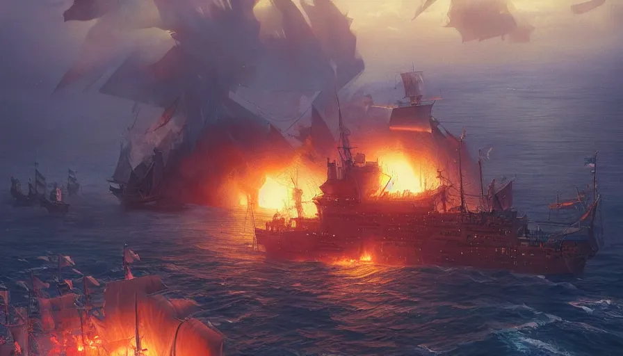 Prompt: A highly detailed matte painting of huge pirate ship battle on the ocean, big fire smokes and big explosions by Studio Ghibli, Makoto Shinkai, by Artgerm, by beeple, by Greg Rutkowski, volumetric lighting, octane render, 4K resolution, trending on artstation, masterpiece