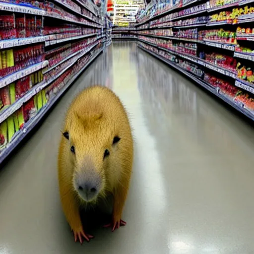 Prompt: a capybara flood, huge amount of capybara! running down a target aisle