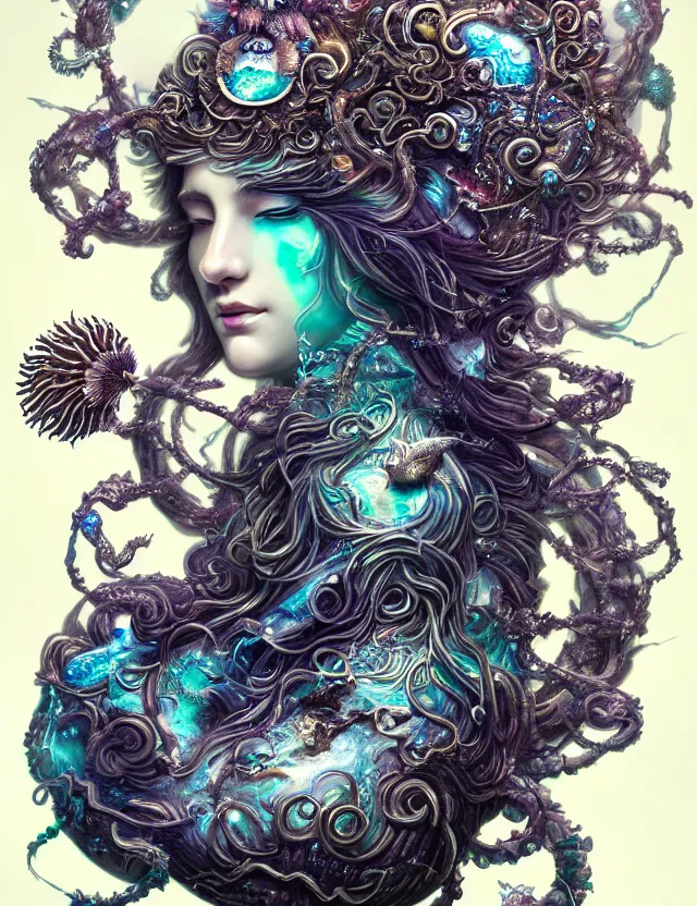 Image similar to goddess macro shouler portrait from bottom to top in crown made of ram skull. betta fish, jellyfish phoenix, bioluminiscent, plasma, ice, water, wind, creature, super intricate ornaments artwork by tooth wu and wlop and shofff and greg rutkowski