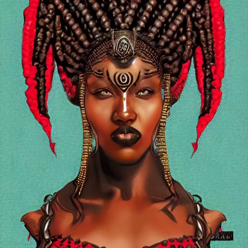 Prompt: black goddess with detailed headpiece is sitting on her throne, symmetrical face, in the style of Dali, symmetrical body, artgerm, braided hair, portrait, muted colors, artstation, concept art, border and red and gold embellishments, cinematic