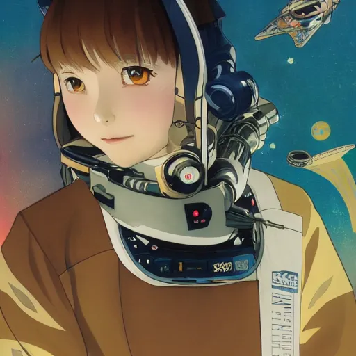 Prompt: portrait of a young astronaut girl, last exile, akihito yoshida, yoshitoshi abe, alphonse mucha, loish, murata range, pixiv, film noir, bladerunner, cinematic,kyoto animation, cosmic, vibrant bright high contrasting colors, studio lighting, manga, anime, vibrant, beautiful, dreamy, gradation, ((space nebula background))