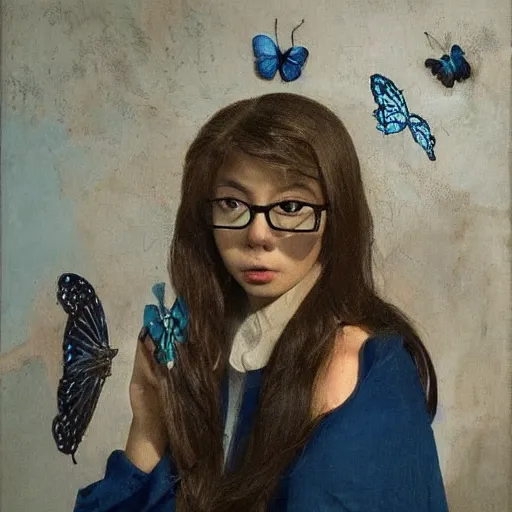 Prompt: a disgusted brunette woman with white glasses and a blue butterfly on her nose, a screenshot by ke jiusi, trending on cg society, aestheticism, art, booru, renaissance painting