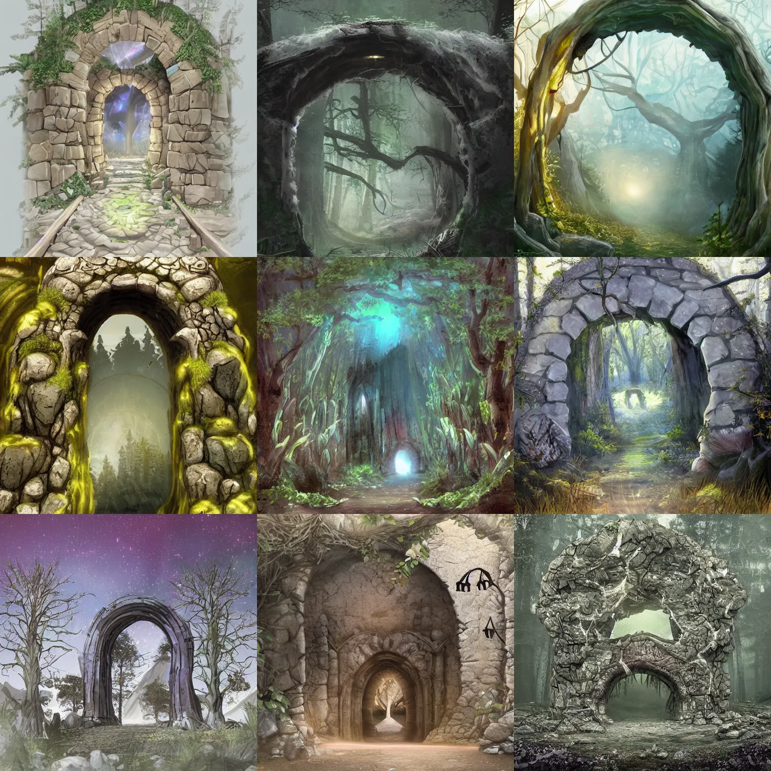 Image similar to A magical portal standing in the middle of a forest leading into another world. Gloomy, forest at night. Stone archway portal, centralized. The portal leads into a sunny world. Highly detailed, trending on artstation.