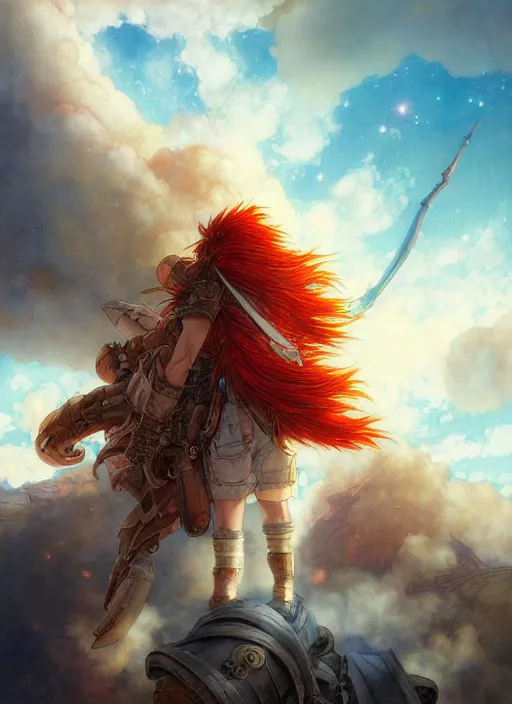 Image similar to prompt : ragnarok online portrait soft light painted by james jean and katsuhiro otomo and erik jones, inspired by akira anime, epic fantasy, a long red haired, red bearded male sky - pirate in front of an airship, intricate oil painting, high detail illustration, sharp high detail, manga and anime 1 9 9 9