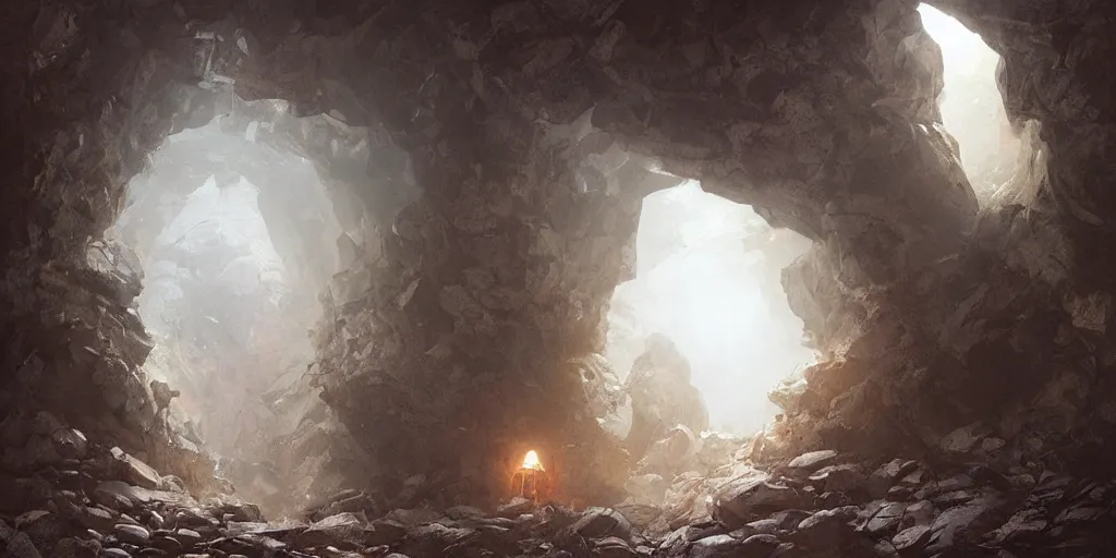 Prompt: a stone portal glowing from within, in a cave, foggy, surrounded by rocks, art by greg rutkowski