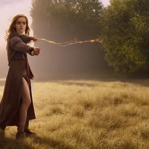 Prompt: Still of Emma Watson as Hermione Granger casting a spell. Prisoner of Azkaban. During golden hour. Extremely detailed. Beautiful. 4K. Award winning.