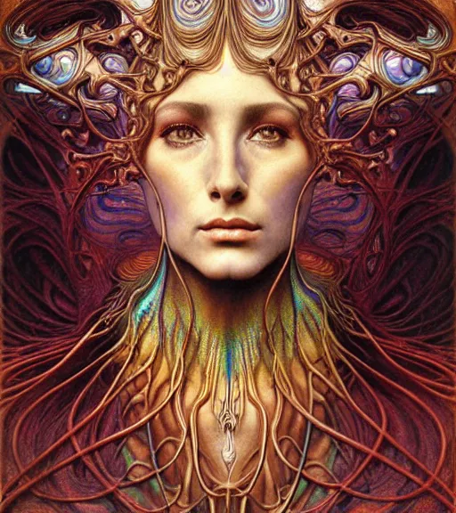 Image similar to detailed realistic beautiful young cher queen of mars portrait by jean delville, gustave dore and marco mazzoni, art nouveau, symbolist, visionary, baroque, iridescent fractal details. horizontal symmetry by zdzisław beksinski, iris van herpen, raymond swanland and alphonse mucha. highly detailed, hyper - real, beautiful