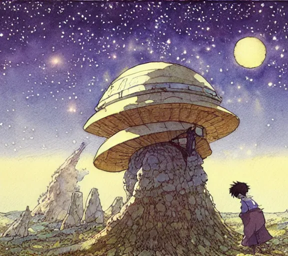 Image similar to hyperrealist studio ghibli watercolor fantasy concept art of an immense ufo from howl's moving castle sitting on stonehenge like a stool. it is a misty starry night. by rebecca guay, michael kaluta, charles vess