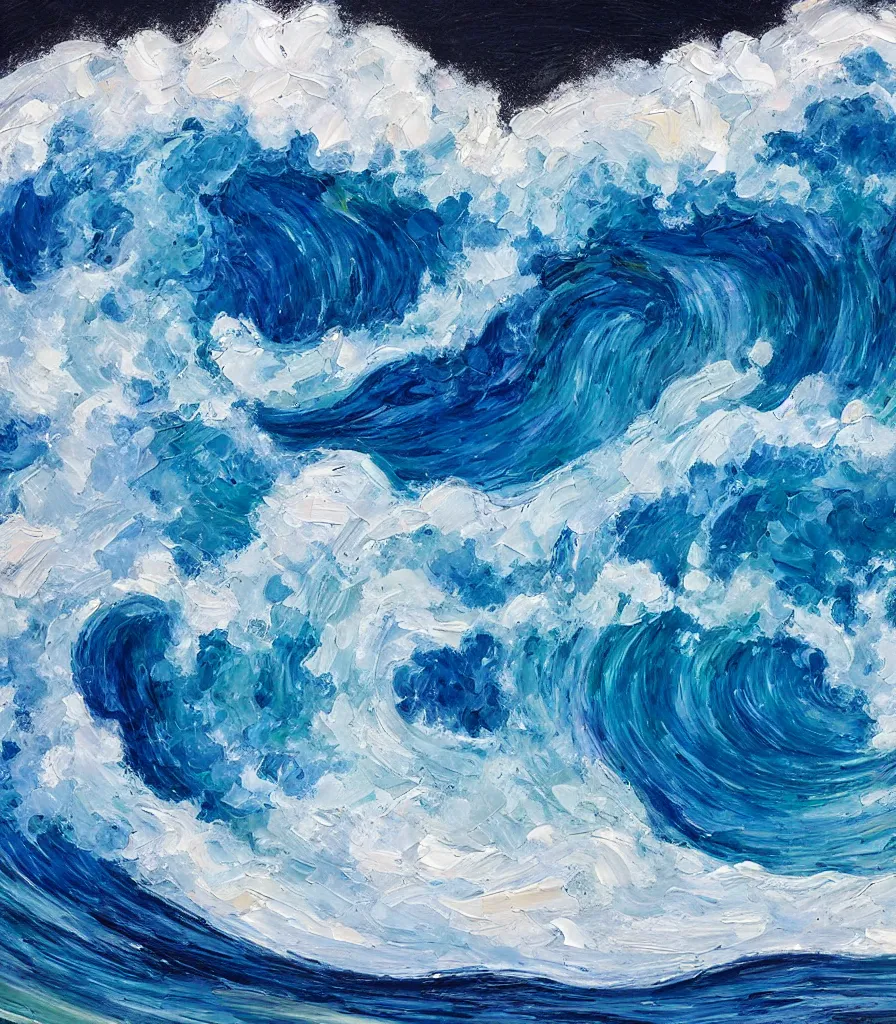 Prompt: an impasto oil painting of one single beautiful hawaiian wave, monochromatic color scheme, high detail, breathtaking wave, modern art, abstract art, soft colors, inverted colors