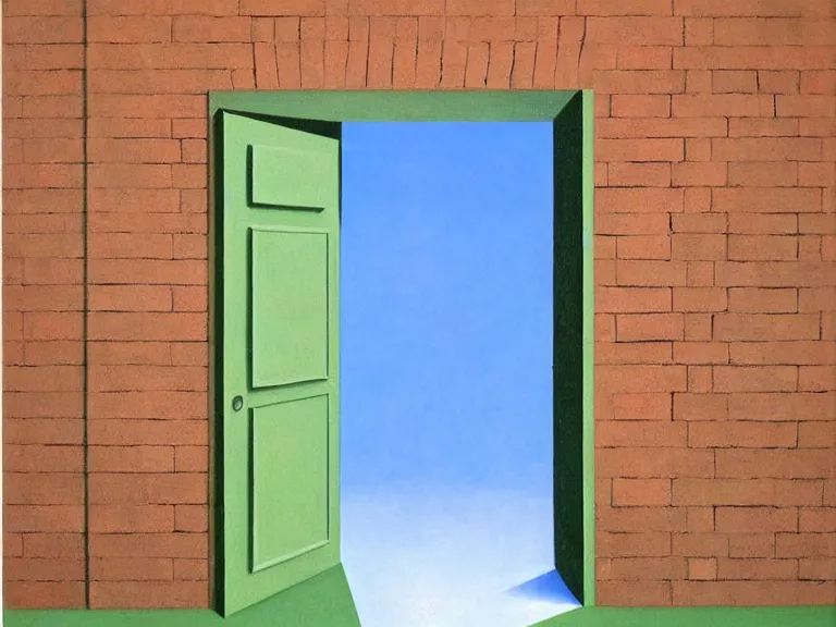 Image similar to an open door to nothingness in brick wall with endless hallway inside, painting by rene magritte, high detail, high resolution