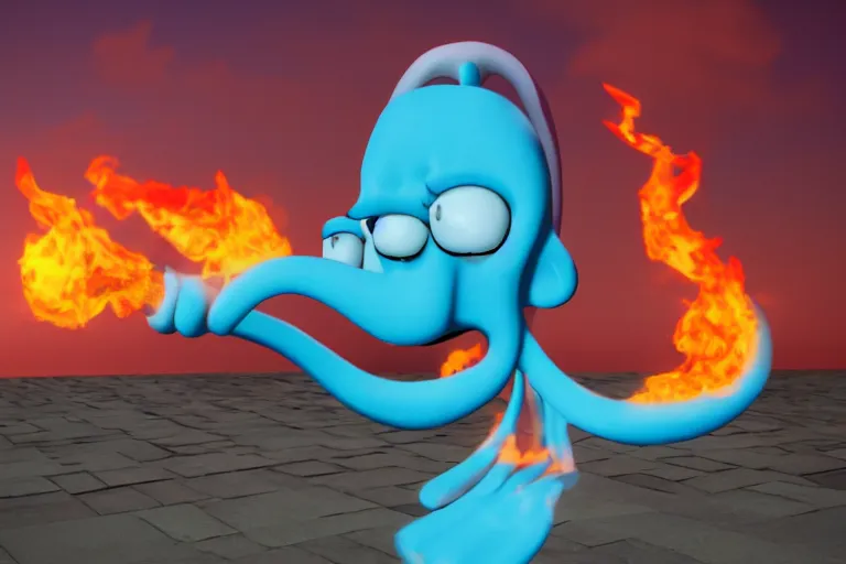 Image similar to squidward firebending outside at susnset, 3 d render