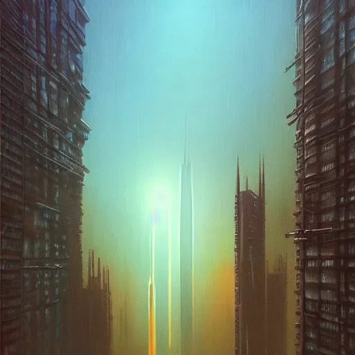 Image similar to towering spires of buildings, cyberpunk bladerunner style, beksinski and star wars style painting