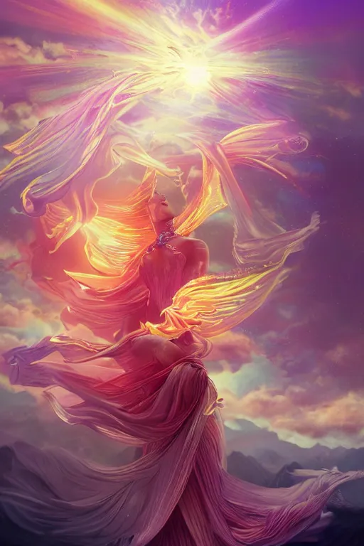 Image similar to overdetailed maximalist fullbody portrait of a beautiful female energy being transcending to her true form while floating over a surreal landscape. Made by oozium. Artstation. Deviantart 8k 3d realistic render. Bright, sacred, spiritual, dawn, backlit, calm, relaxed, dynamic, ethereal, arcane, intricate, mysterious, dramatic, cinematic. Photorealistic render. Morning lights. Seen from below.