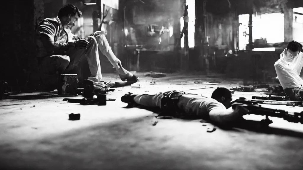 Prompt: film still of a wounded man in a white shirt laying in a warehouse next to a gun on the ground. moody, grainy, 4 k, high detail, aesthetic, good composition, anatomically correct, directed by quentin tarantino,