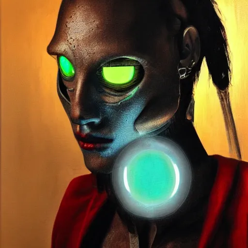 Image similar to hyperrealism oil painting portrait of cyberpunk cyborg fashion model with glowing eye